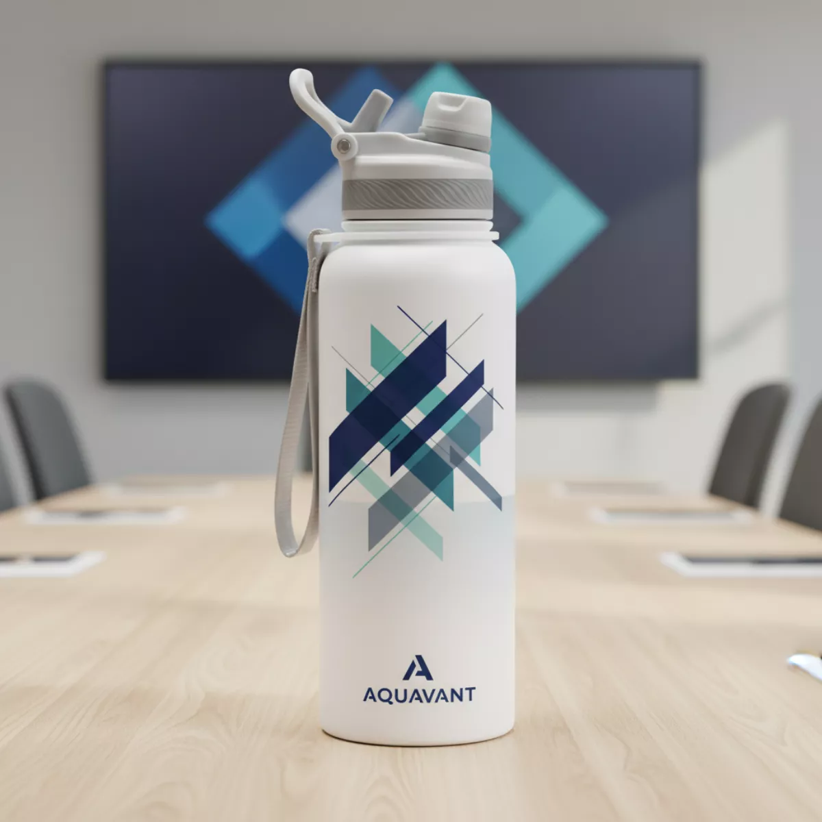 core1200 large bottle mockup with corporate branding on desk
