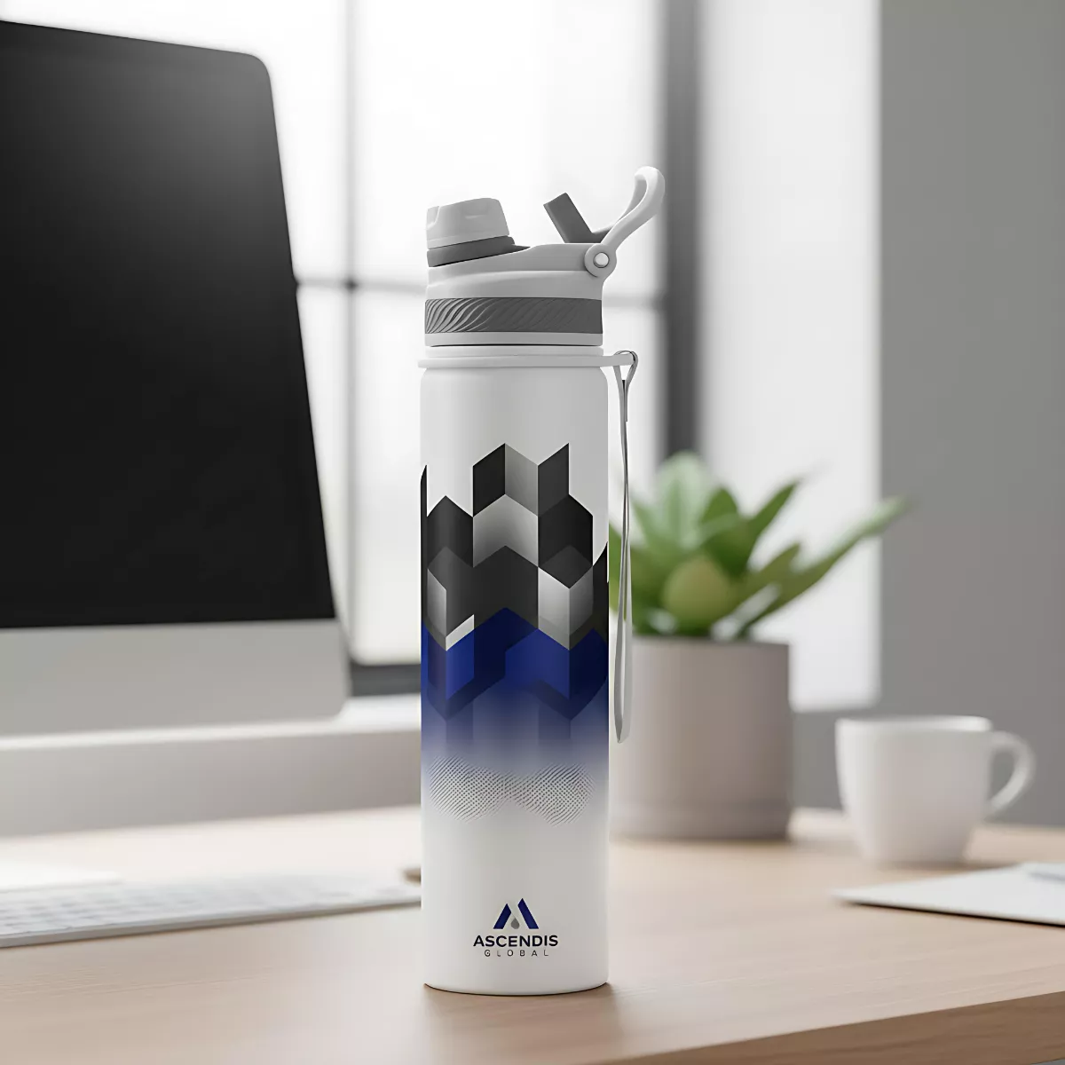 Printed business bottle near coffee station
